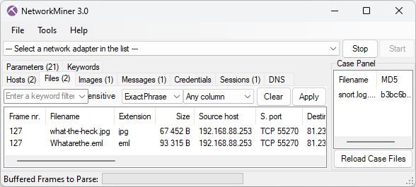 JPG and EML files extracted from SMTP traffic by NetworkMiner 3.0