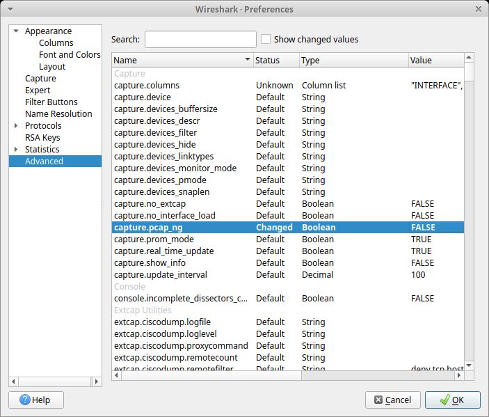 Setting capture.pcap_ng to FALSE in Wireshark's Edit, Preferences, Advanced let's you save capture files as .pcap instead of .pcapng as default.
