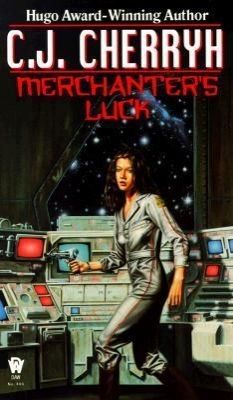 Cover of Merchanters Luck by CJ Cherry.  A woman in a jump suit points a gun off screen with a computer dashboard backdrop and a window full of stars.