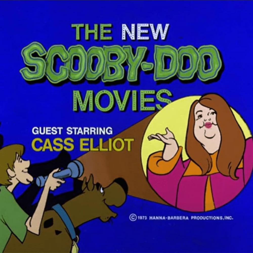Title card from the new scooby doo movies show from 1975 it shows scooby and shaggy shinning a flashlight beam on guest star Cass Elliot or "Mama Cass"