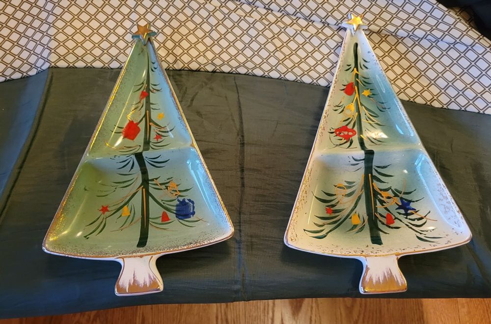 Two Holt Howard MCM Christmas divided dishes.  Porcelain with gold paint and hand painted ornaments. 