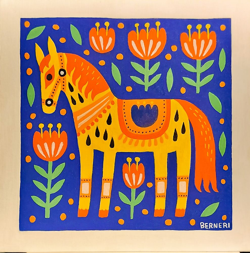 Painting made with paint markers. There is a yellow horse on a dark blue background, surrounded by thick white frames. The horse has orange tack with some simple ornaments and a blanket on the back that has a blue flower. The mane and tail are red. On the dark blue background there are similar but red flowers with light green stems and also some orange small circles. The style reminds folk art.