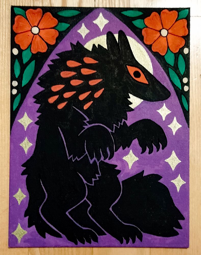 Small painting made with posca markers. There is a pitch black werewolf standing on two legs on a purple background. There are also some golden stars and a moon behind the character. Both upper corners are arched and there are some simple red floral ornaments in the corners on black background. The werewolf has a red eye and some red drop like details in the boofy neck hair.