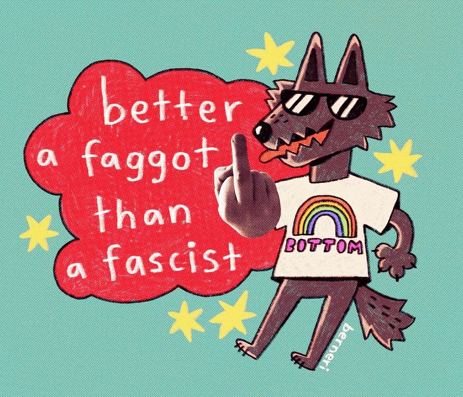 Digital art piece if dark grey anthro wolf giving a middle finger. He has toothy smile, cool shades and white tee with rainbow and pink ”bottom” text. There is a red cloud looking speech bubble next to the wolf with white text ”better a faggot than a fascist”. The background of the whole image is light teal and there are some yellow stars on it.