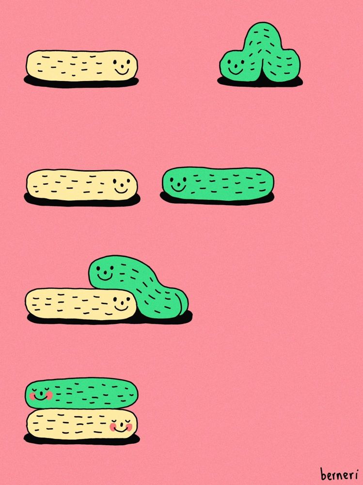 simple comic strip about two worms on a pink background. one of them is yellow and is just standing.. or laying around, smiling at the green one who slowly approaches them. in the next images you can see the green smiling worm climbing on top of the yellow one until they are just stacked and both are smiling eyes closed and they have little blush on their cheeks. i think this was a love letter to my partner when i made it and that is actually very valid of me. oh yes and the green worm has a butt showing in one of the pictures. very important fact.
