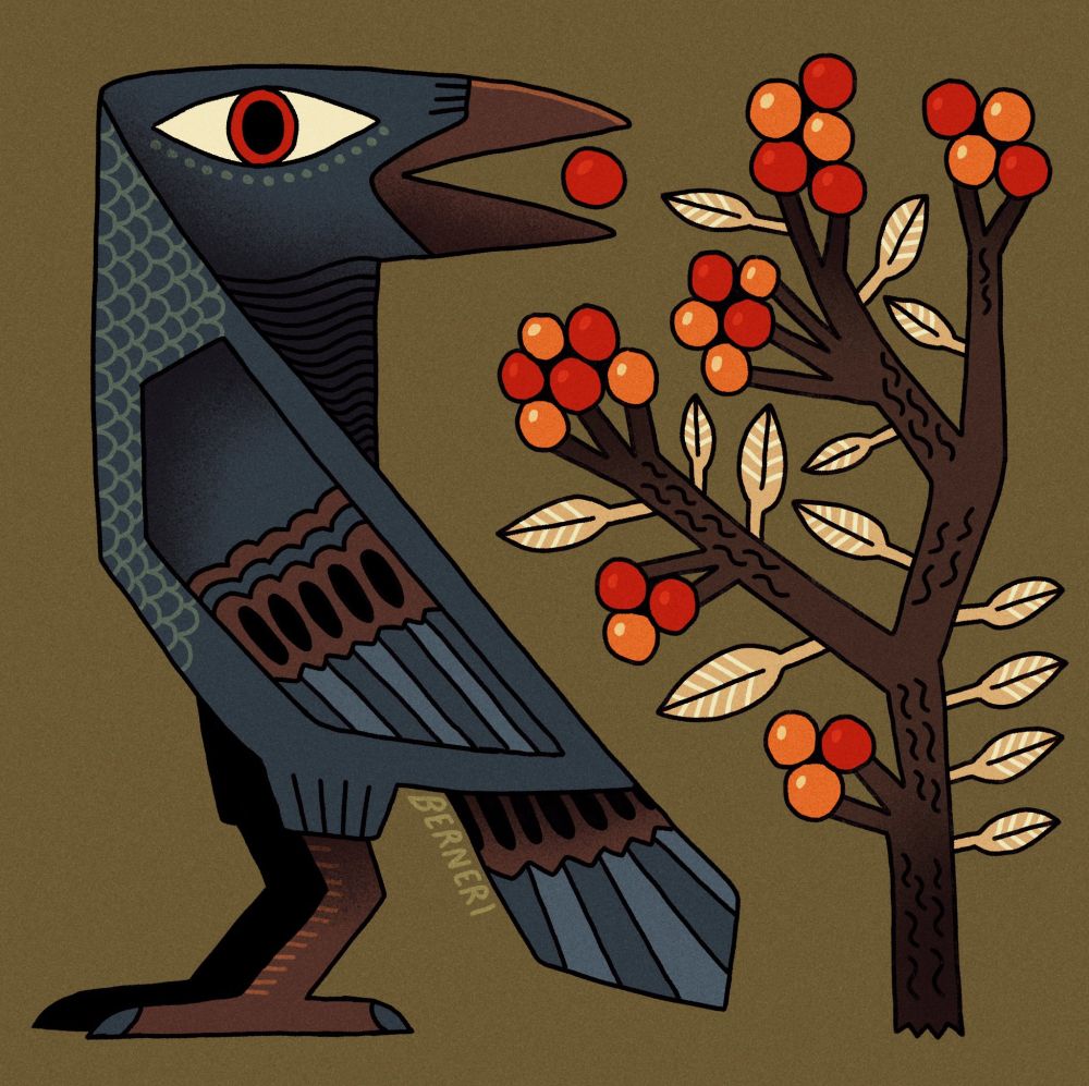 Digital art piece of a raven and rowanberries. The raven is standing on the left side and there is a simple rowan tree next to it. The tree has big red and orange berries and pale leaves. The raven has mouth open and there is one berry in its beak. The raven has patterns and ornaments over it and the main colors are dark blue and brown.