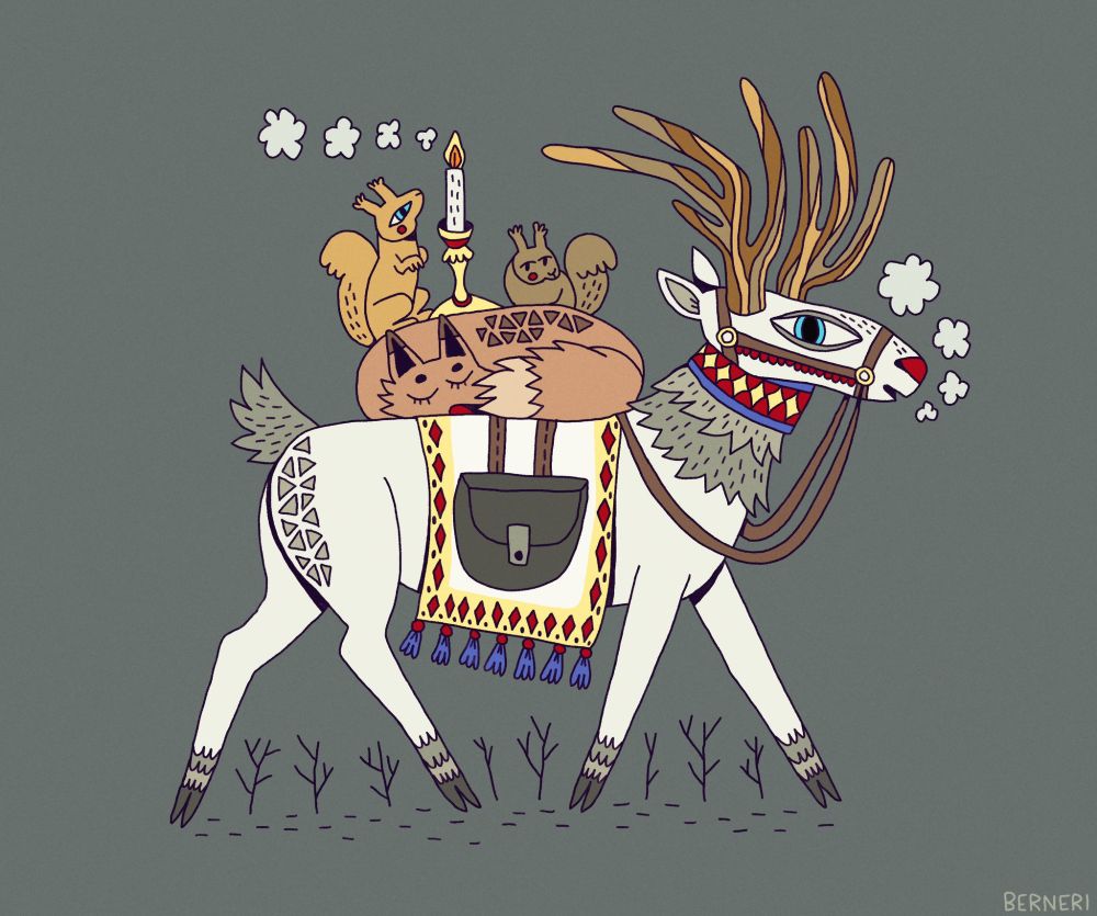 Digital art piece in a grey background. There is stylized white reindeer with fox and two squirrels on its back. The fox is sleeping and the squirrels are on top of the fox. There is also a candle. The reindeer is walking and looking at the viewer. It has a blanket and bridle and some foggy breath is coming from the mouth.
