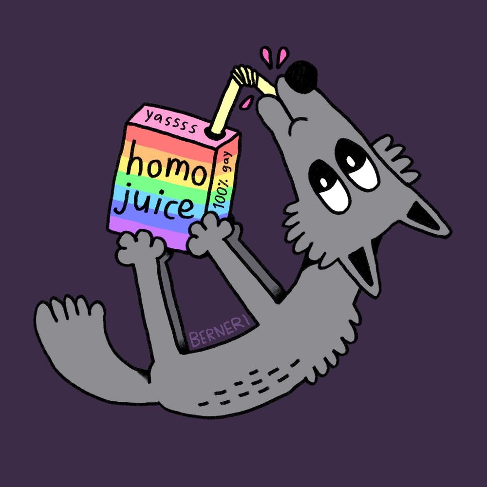 Digital simple illustration of a silly looking wolf that is drinking from a juice carton that has rainbow stripes and words "homo juice" on it. There is also smaller texts that say "yassss" and "100% gay".  The straw is pale yellow and little droplets show that the drink itself is pink. The wolf is partly floating or something, the gravity doesn't affect it. The background is dark purple.