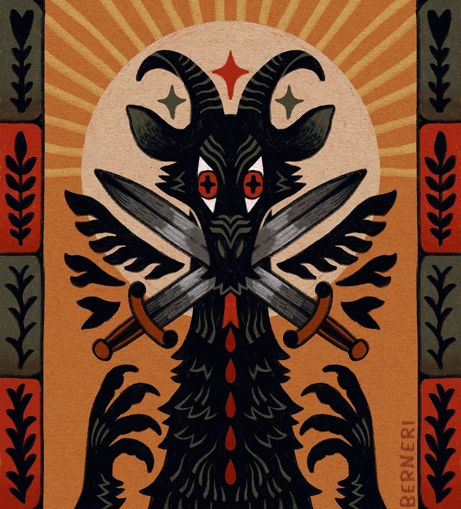 Digital art piece of a dragon. The big lizard is made with a symmetrical tool and it's black against mustard yellow background. She has two swords crossed under her chin and some floral dark ornaments around the swords. There is lighter circle behind her head and there are borders on both sides of the image with individual images of plants. Those backgrounds are red and dark green. The dragon looks very pissed and is holding both of her front legs up. There are some dark red blood dripping under the swords.