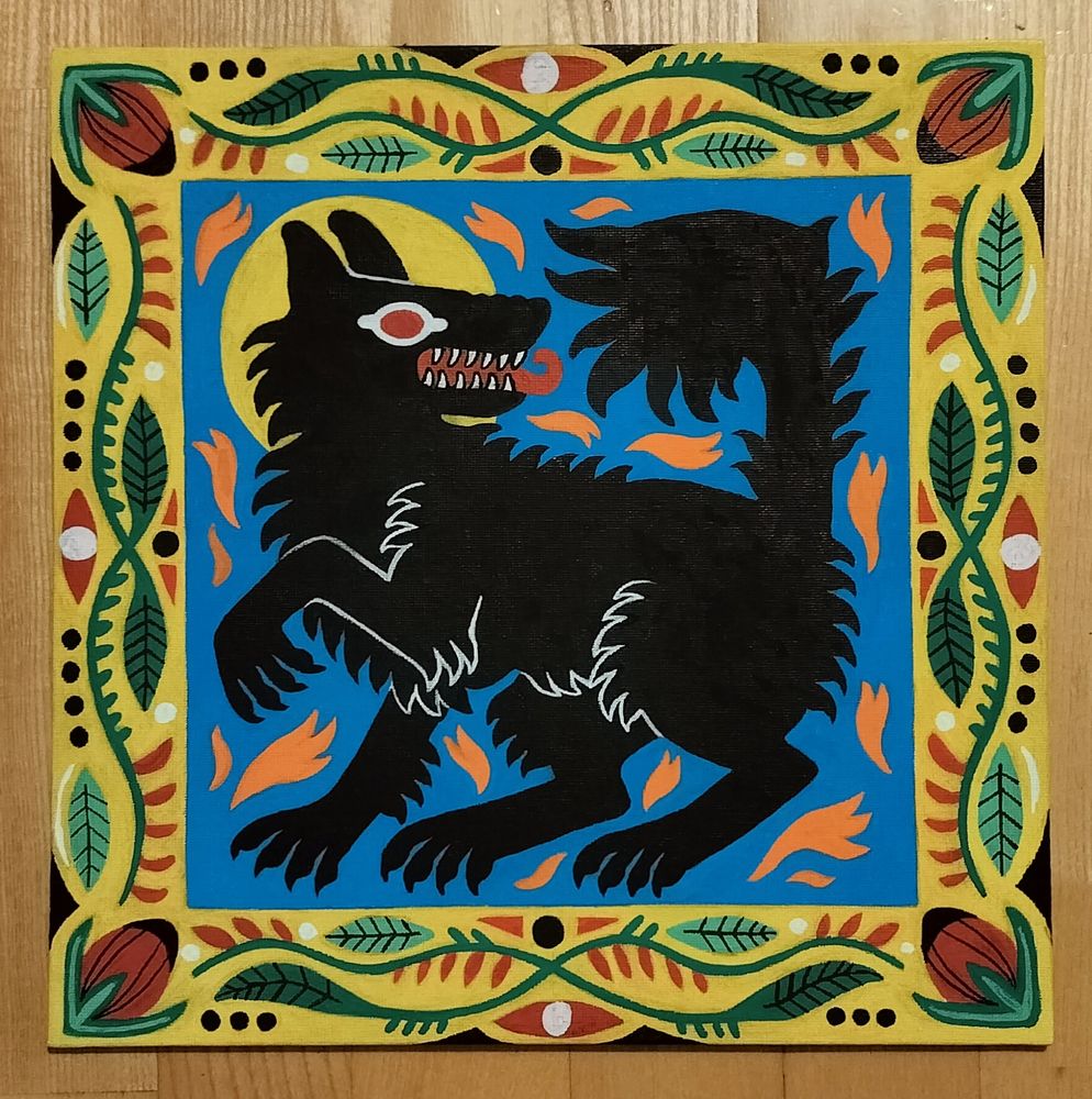 Photo of a square painting with a wolf. The animal is fully black and it's standing in the middle one paw raised. It's snarling and looking behind, tail raised. The background is blue with some orange simple details and there is a thick yellow frame around the wolf, filled with floral ornaments like vines, flowers, leaves and some smaller details like dots and lines. All the plants in the yellow frames are green, red, black and white.
