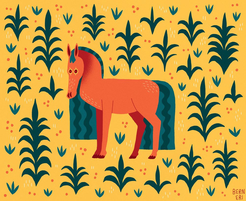Digital art piece of a yellow field with teal and green plants that are different shaped and orange horse that has long mane and tail. The horse has yellow and red eyes and whitish details in the coat. It is just standing in the middle and staring at nothingness.