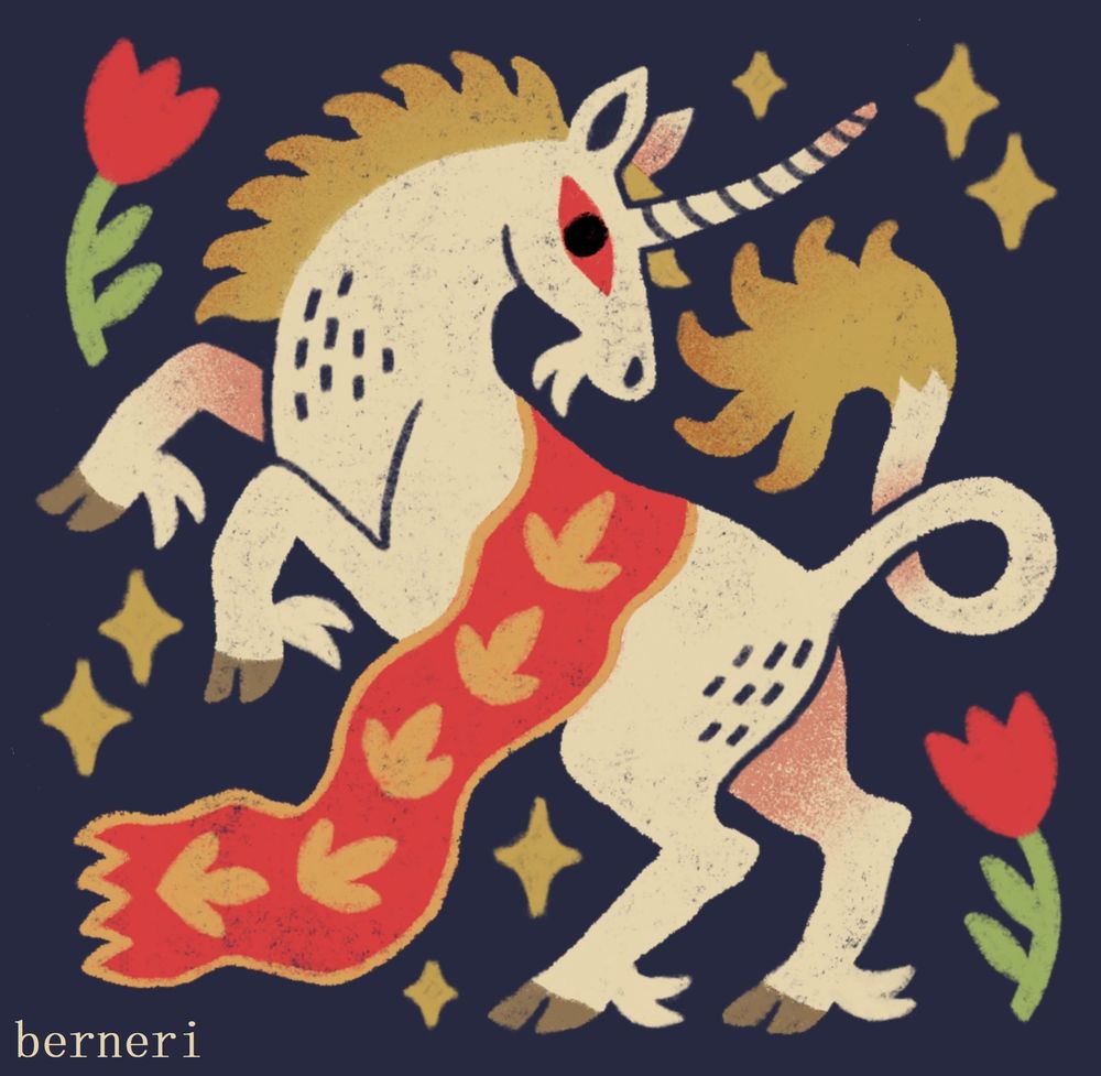 Digital drawing of a heraldic style unicorn on a dark blue background. The unicorn is rearing on the left yet looking at right. It has blond mane and a tail with a tuft. The eyes are red, cloven hoofs dark brown and the unicorn has a long red blanket on its back that has yellow borders and flowery details. On the background next to the unicorn there are some sparkles and simple red flowers.