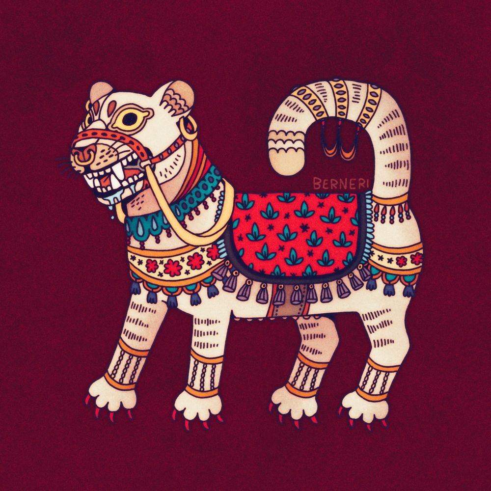 Digital drawing of a cream colored lioness that has some tack on. Especially ornamental bridle with lots of different colored fabric and gold details all around. The lioness is standing firmly in the center of the picture, on a dark red canvas. She is showing teeth to the viewer and is salivating. The animal also has a nose ring, earrings, big yellow eyes and sharpish red nails.