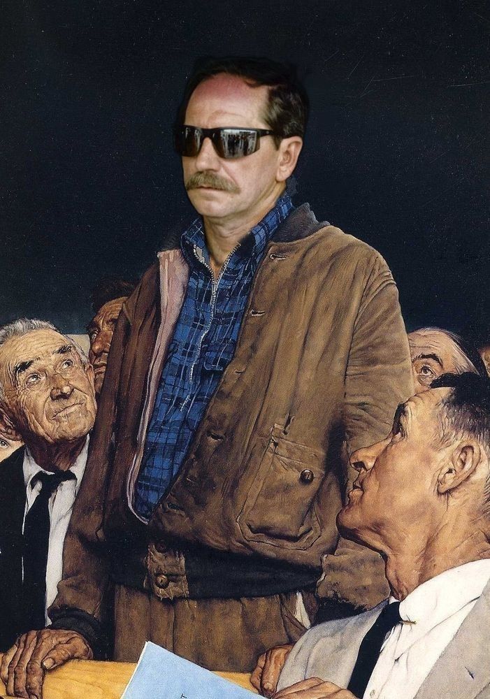 Norman Rockwell's "Freedom of Speech", but it's Dale Earnhardt wearing, probably Gargoyle, sunglasses.
