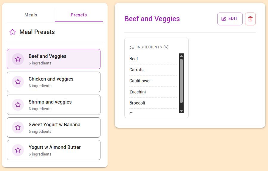 a list of named meal presets on the left with the list of ingredients for the selected meal preset on the right