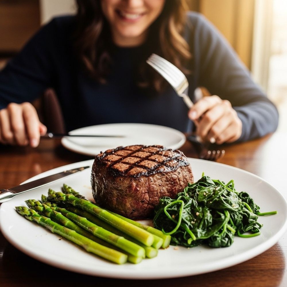 close up of steak with asparagus and spinach as woman smiles from across the table.