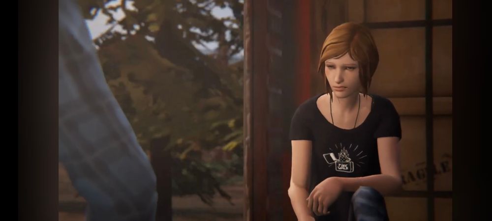 chloe price from before the storm cringing on the train after saying, "nice rachel we're having"