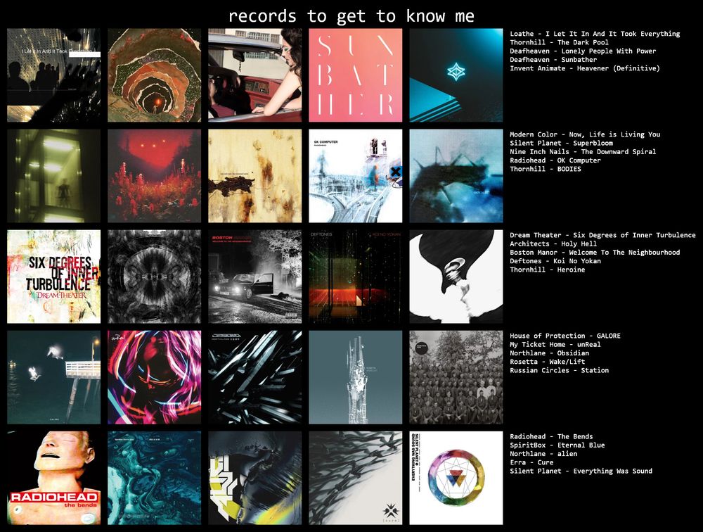 records to get to know me:
1. Loathe - I Let It In And It Took Everything
2. Thornhill - The Dark Pool
3. Deafheaven - Lonely People With Power
4. Deafheaven - Sunbather
5. Invent Animate - Heavener (Definitive)
6. Modern Color - Now, Life Is Living You
7. Silent Planet - Superbloom
8. Nine Inch Nails - The Downward Spiral
9. Radiohead - OK Computer
10. Thornhill - BODIES
11. Dream Theater - Six Degrees of Inner Turbulence
12. Architects - Holy Hell
13. Boston Manor - Welcome to the Neighbourhood
14. Deftones - Koi no yokan
15. Thornhill - Heroine
16. House of Protection - GALORE
17. My Ticket Home - unReal
18. Northlane - Obsidian
19. Rosetta - Wake/Lift
20. Russian Circles - Station
21. Radiohead - The Bends
22. Spiritbox - Eternal Blue
23. Northlane - Alien
24. ERRA - Cure
25. Silent Planet - Everything Was Sound