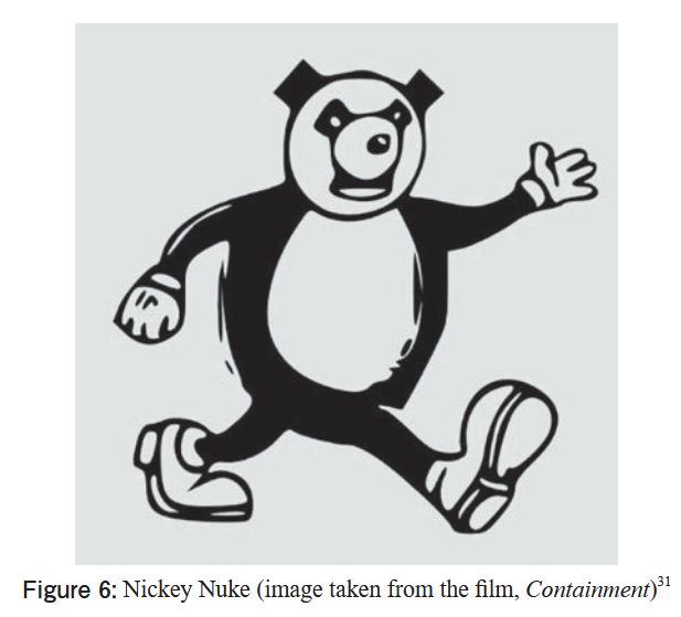 An image of a black and white cartoon character that looks like an upright-walking panda bear with white shoes and gloves. The image is from the research paper "The Visible and the Invisible when Considering Northern European Permanent Spent Fuel Storage: Forsmark and Onkalo" and the depicted caption reads "Figure 6: Nickey Nuke (image taken from the film, Containment)".