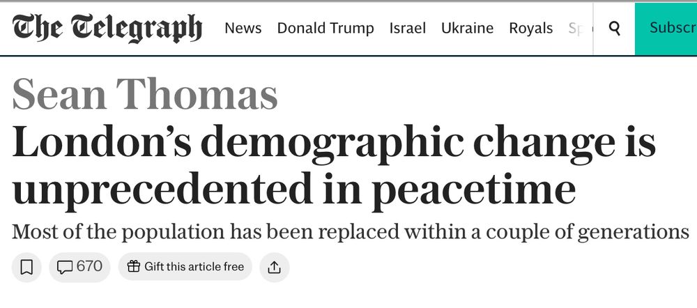 Sean Thomas
London’s demographic change is unprecedented in peacetime
Most of the population has been replaced within a couple of generations