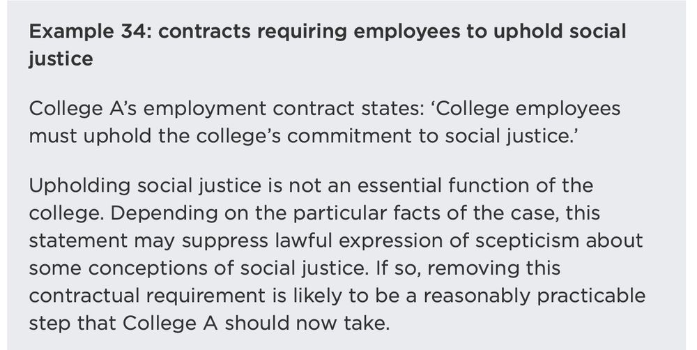 Example 34: contracts requiring employees to uphold social justice

College A’s employment contract states: ‘College employees must uphold the college’s commitment to social justice.’

Upholding social justice is not an essential function of the college. Depending on the particular facts of the case, this statement may suppress lawful expression of scepticism about some conceptions of social justice. If so, removing this contractual requirement is likely to be a reasonably practicable step that College A should now take.
