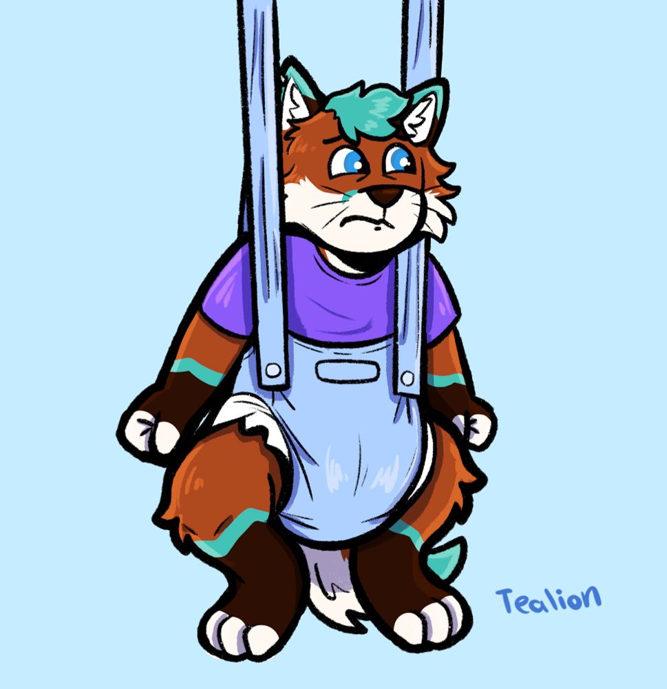 Faron the fox sits in a light blue bouncer, wearing a purple shirt. A clean diaper can be seen poking out of the bouncer, and his side glance and fists suggest he’s anxious.
