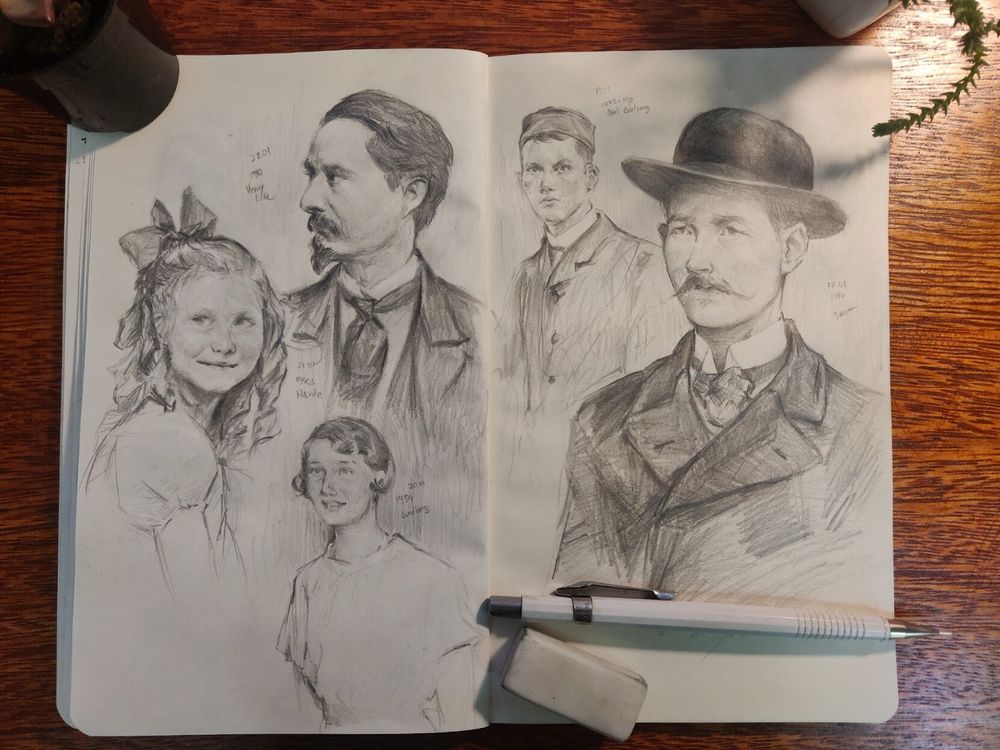 Photo of an open sketchbook with pencil sketches. It has studies of portraits of people mostly from early 1900s.

Page 1:
1. A girl with curly hair tied with a large bow looking to the side and smiling.
2. A dark-haired man with a moustache and a goatee(?) looking to the side.
3. A woman with a wavy bob cut smiling, with her mouth slight open as if she were talking at the time.

Page 2:
1. A young man wearing a cap and what seems to be a porter uniform. He has a serious expression.
2. A man with a pointy moustache, wearing a hat.