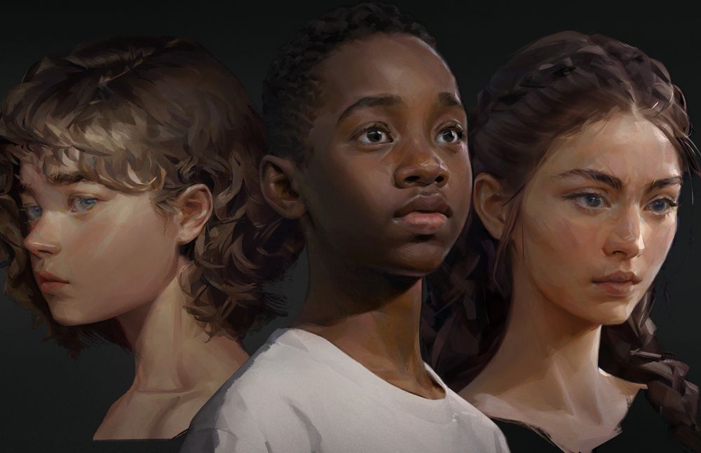Three character digital portrait paintings showing:

- A girl with short curly brown hair. She's in 3/4, almost profile, and has thick eyebrows and a bit of full cheeks. The portrait is cropped at the shoulders height.
- A Black teenager boy with his gaze locked into the horizon. He's holding his head high in an almost stately manner.
- A woman with brown braided hair and doe eyes. She's gazing into the distance and the rendering style mixes brushwork with sharper transitions, being reminiscent of sculptures.