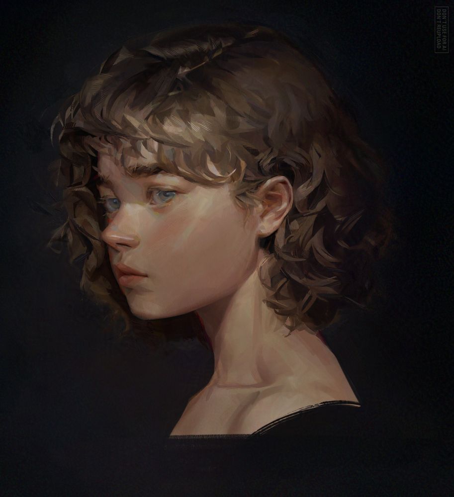 Digital portrait painting of a girl with short curly brown hair. She's in 3/4, almost profile, and has thick eyebrows and a bit of full cheeks. The portrait is cropped at the shoulders height.
