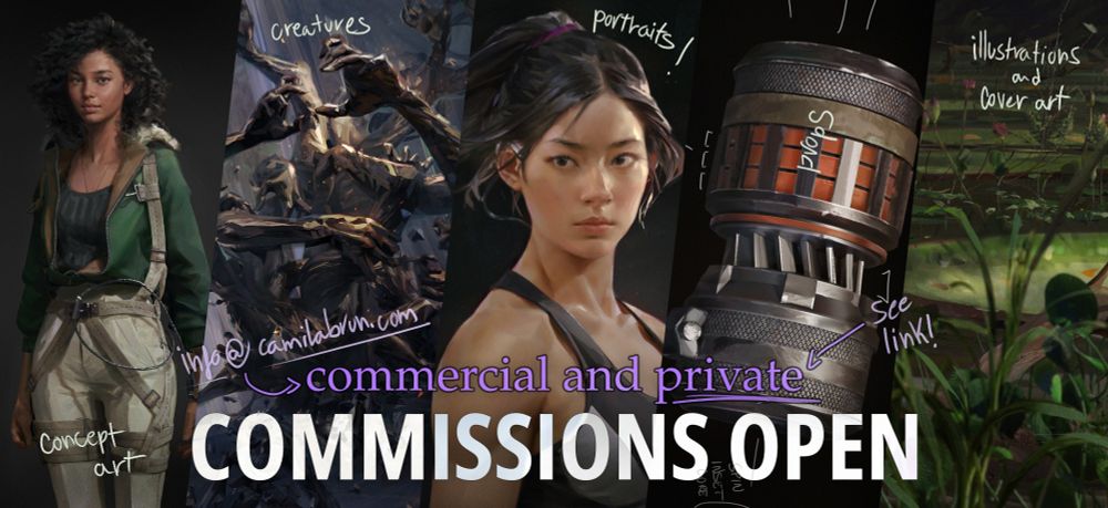 A banner with 5 digital artworks showing the range of work I do: Concept art, creatures, character portraits, game props, illustrations, and cover art.

They're paintings in the fantasy and sci-fi genre:

1. A Black woman in a 1940's inspired outfit (concept art for the player character in a UE5 videogame)
2. An horror scene with an undead creature made of arms advancing towards the viewer in the style of a trading card game
3. Portrait of a character wearing a discreet scifi device
4. A game prop
5. A close up of an environment painting: a lake with foliage and lily pads

The banner has "commercial and private commissions open" written on it, with my email address and instructions to use the link in the post for private commissions.