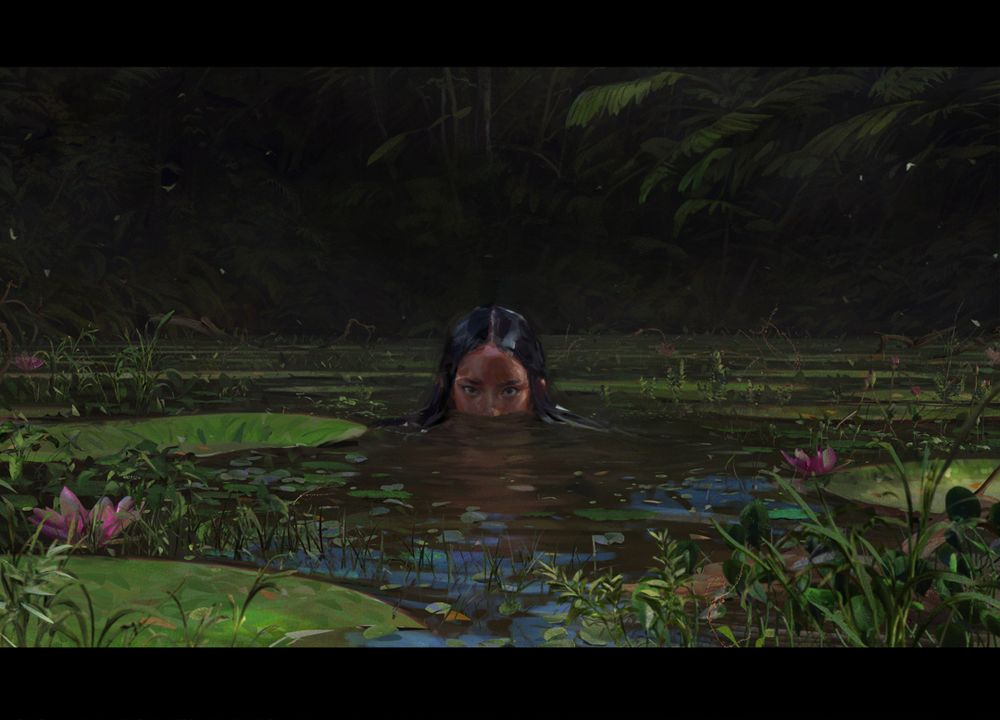 An Indigenous woman emerging from a body of water. Only the top of her head down to the nose are visible. There's a dark forest behind her, and she's staring directly at the viewer with fixed intensity that suggests she might not be friendly. She's surrounded by stylized aquatic plants including Amazon's vitória-régias, a type of water lily. Insects are buzzing around and the reflection of the sky can be seen on the water. The scene's colors are very saturated, but somewhat dark and ominous.

She's Iara. Her legend is a mess, an attempt by colonizers to make sense of older Tupi and Guarani myths. In it she's the daughter of the Pajé, the spiritual leader of her people, and was known for her beauty and fighting prowess, respected by her father, beloved by all.

One night her brothers, deeply envious of her, set up an ambush. She fought back and accidentally killed them in the ensuing scuffle. Severely wounded and afraid of her father's punishment, Iara fled to the margins of the Negro and Solimões rivers (which feed the great Amazon river), but was found and thrown into it, drowning. The fishes took pity on her, and under the full moon they turned her into a mermaid.

Then the once fearsome warrior... apparently decided to sit on a rock, brush her hair and sing (and lure and drown men) like European sirens, hah.