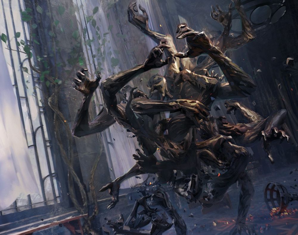 Digital painting of a creature made of arms barging down a dark corridor. It's dark, with skin ridged like bark yet but smooth like obsidian, and embers rise from it. The hands don't look quite human, with weird joints and sharp tendons and knuckles. Its lower half is still forming, and there's an overturned brazier behind it spilling incandescent coal on the floor. It's holding most of its hands in menacing claw-like positions, with arms intertwined in the center forming the bulk of its body. It stands taller than a person, but isn't large enough to fully block the passage.

The corridor is flanked by tall windows in art deco style, with a gentle breeze blowing the translucent curtains. There are ornamental plants and wood benches by the windows. Some of the window panels are broken, and there are glass shards on the benches and floor. There's also dust spiraling in the air. The corridor doesn't seem well-kept, but hasn't been abandoned for long.

This artwork was made on Krita, with help of Blender mainly for lighting reference and the background.