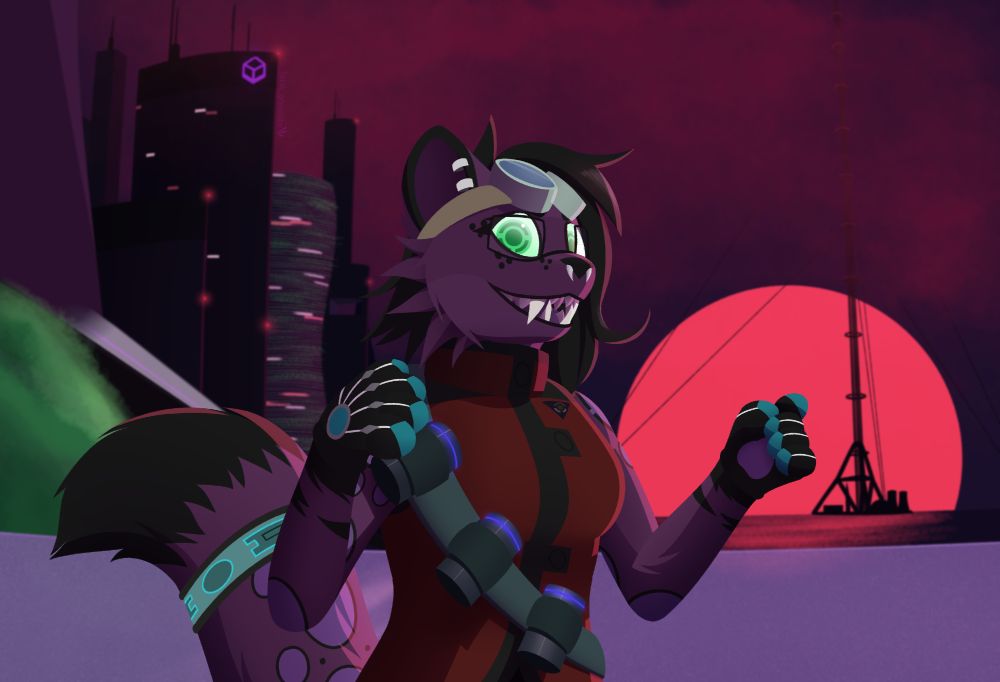 Purple spotted snow leopard with green eyes. Wearing various tech, Star Trek-style outfit, goggles+glasses, and a bandolier of power cells. Big fangs and unhinged expression.

Background has a futuristic coastal city inspired by New Mombasa from Halo ODST, with sleek skyscrapers, a bullet train, and a space elevator in front of a large red sunset over the sea (which casts secondary light on her).