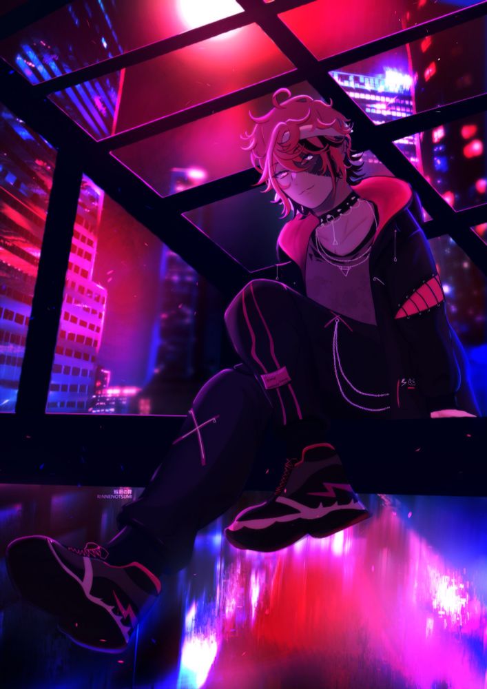 Fanart of Rosco Graves from First Stage Production EN, Avallum. He's standing on a roof, with a modern like city in the background and a red moon softly illuminating him, looking at the viewer with a somehow sly yet soft expression.