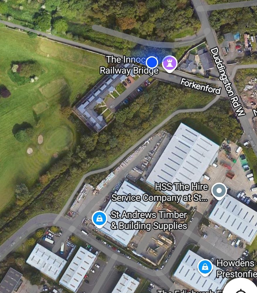 Screenshot of Google Maps, showing the cut-through between King's Haugh industrial estate and the Innocent cycle path/Duddingston Road West