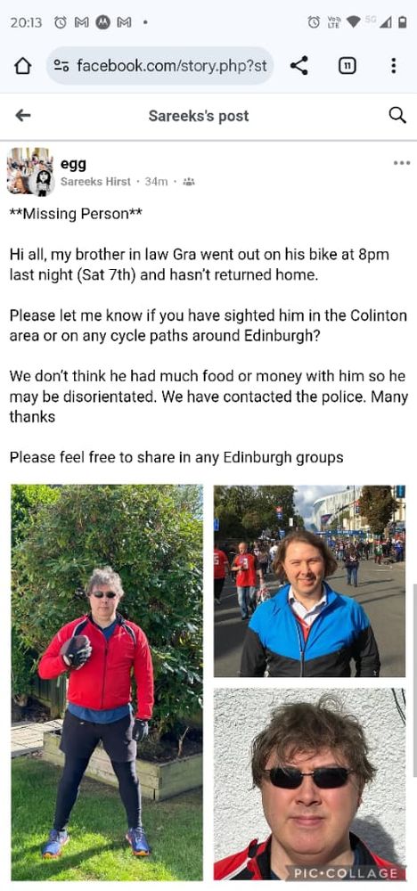 Screenshot of a Facebook post showing photographs of a cyclist reported missing.