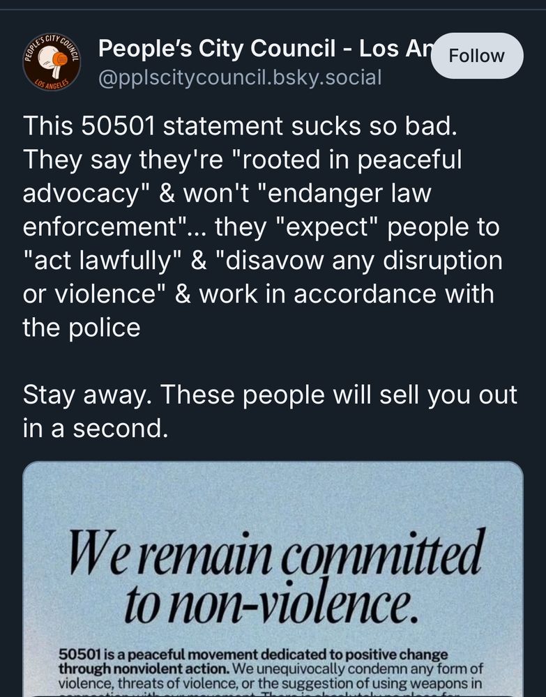 Post by the People’s City Council - Los Angeles complaining that the organizers of the No Kings protest are committed to nonviolence and coordinate with the police department.