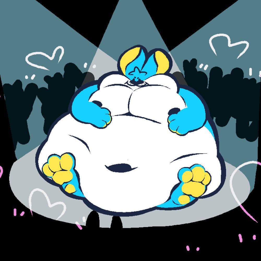 Shinespark, a blue and white-furred bunny with yellow inner ears and pawpads, is sitting under a spotlight. A bunch of silhouettes are surrounding him, cheering him on. He's also comically fat, with a huge belly spreading around his footpaws and across the floor, chubby cheeks, and a pair of pudgy moobs. The rabbit shows no reaction to his audience, simply smiling like an adorable goober.