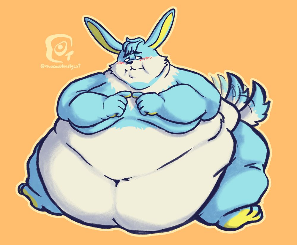 Shinespark, a blue-and-white-furred anthro bunny, is sitting on the ground with a very fat body. His belly is large enough to force his chunky legs outwards. His twin fox-like tails are wagging from his rear end, which isn't visible but let's be honest, he's cheeked up back there. His softened arms are laying on his moobs, his index fingers touching each other in a 👉👈 gesture. On his fattened face is a pleading expression and a bright red blush.