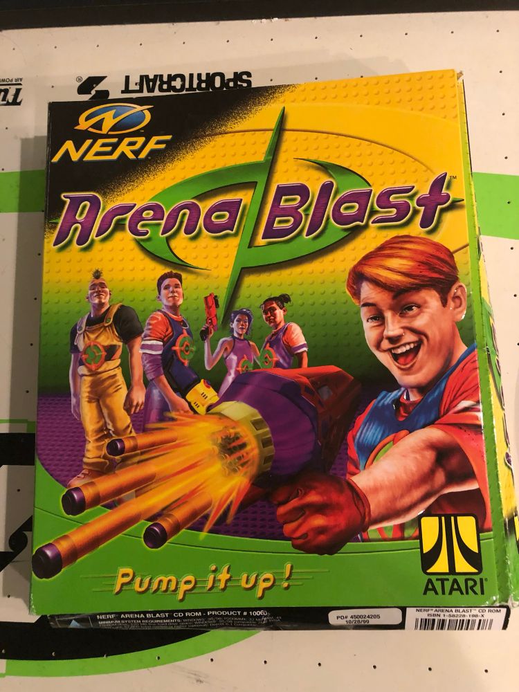 Front side of the retail box for Nerf Arena Blast. I own this in real life!