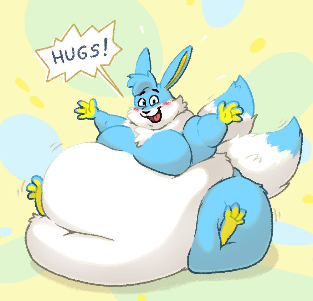 Shinespark, a blue and white-furred bunny with two tails and yellow pawpads/inner ears, is massively fat. His belly and leg fat has immobilized him, his footpaws sunken into the latter. He's also got fairly sizable moobs.

The bunny is overjoyed despite... no, BECAUSE of his predicament. His pudgy cheeks are blushing, and he's got a wide, open smile. His flabby arms are extended outwards to show he's offering the softest hugs you'll ever experience. He's so excited at the prospect that he's shouting "HUGS!"