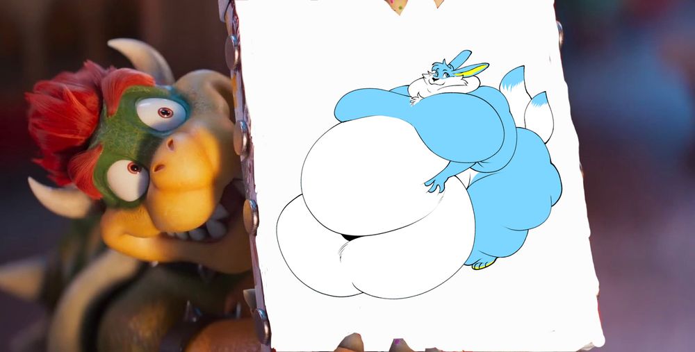 Screenshot of Bowser from the Super Mario Galaxy Movie trailer showing off a painting. Instead of Peach fawning over a buff Bowser, the painting depicts a very fat, blue and white-furred bunny with two tails.