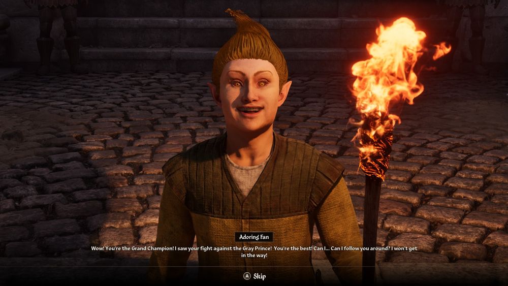 Screenshot, Elder Scrolls IV: Oblivion Remaster.
Adoring fan holding a torch, asking to join the Hero.