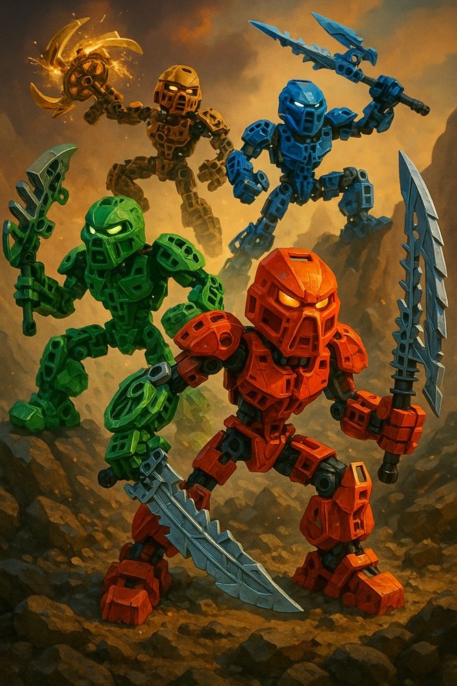 AI-generated Bionicle doing Bionicle things like holding Bionicle swords and climbing on rocks. 