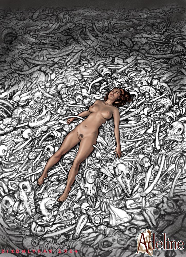 A nude red haired woman lies on a huge bed of strange bones.