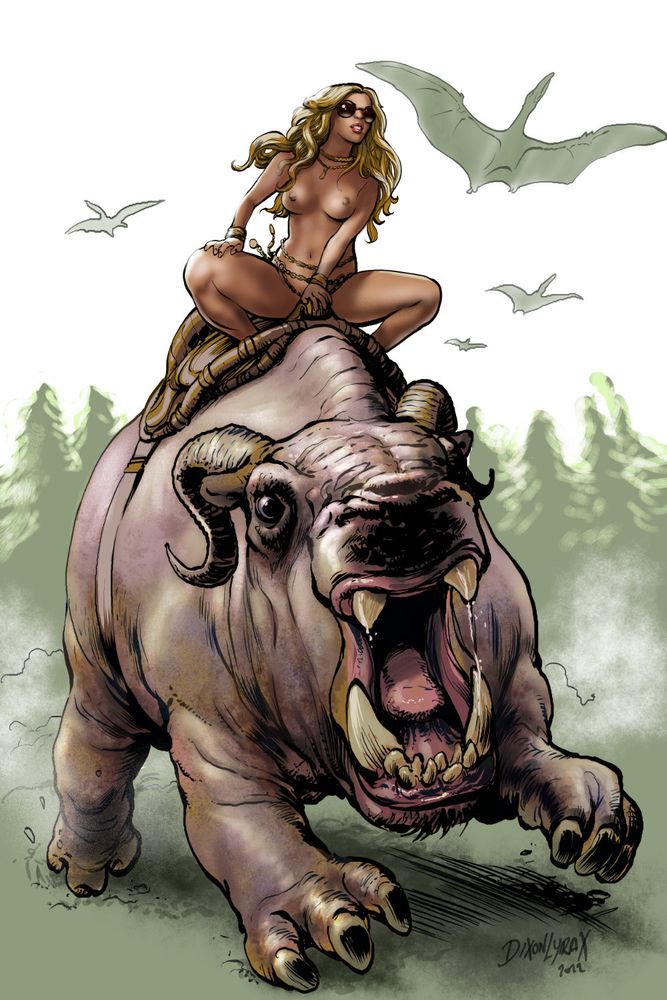 A topless woman rides a huge Proto-Hippo while pterodactyls fly overhead