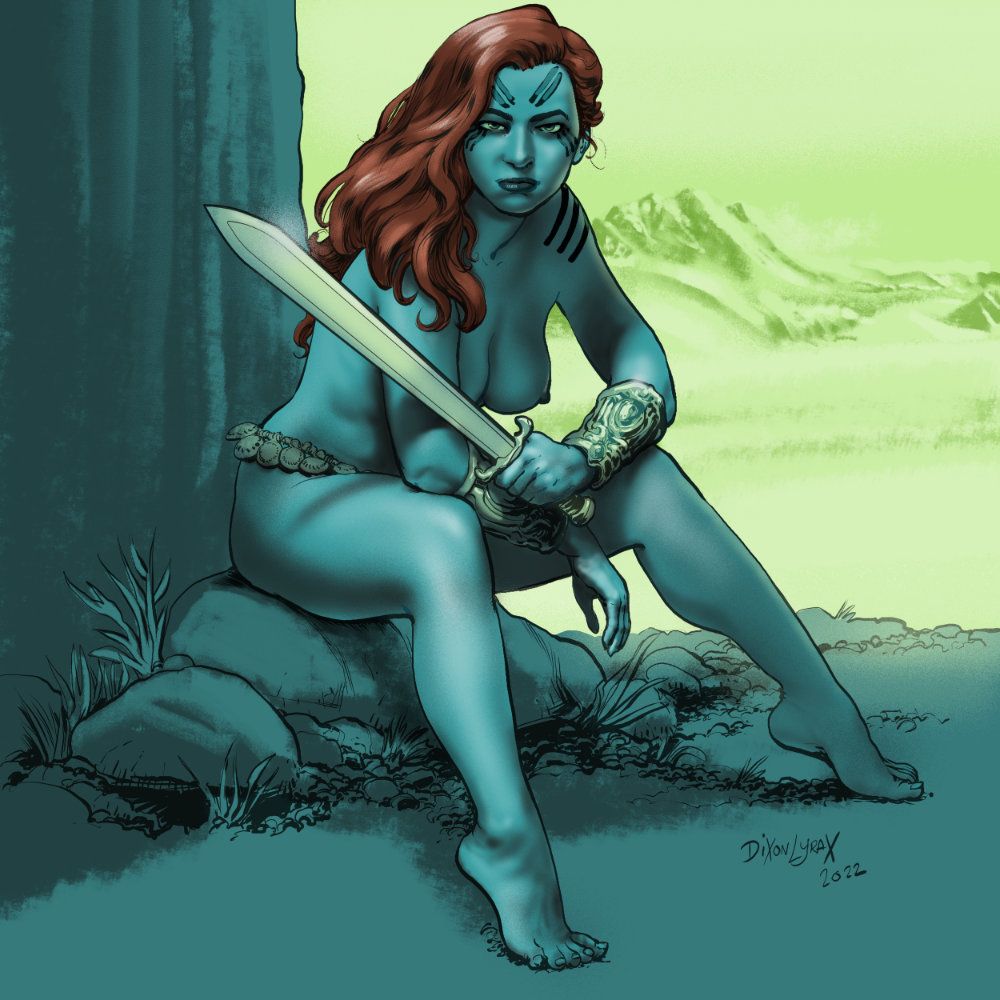 A topless blue woman with a sword and red hair