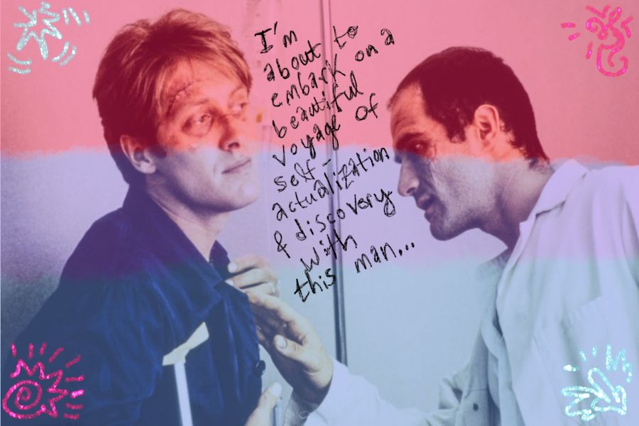 in a screenshot from the 1996 film adaptation of ballard's CRASH, James (the protagonist) shares an erotically charged moment with Vaughan. the screenshot is overlaid with the colors of the bisexual flag, and James's thoughts are written over it in pen: "I'm about to embark on a beautiful voyage of self-actualization & discovery with this man..."