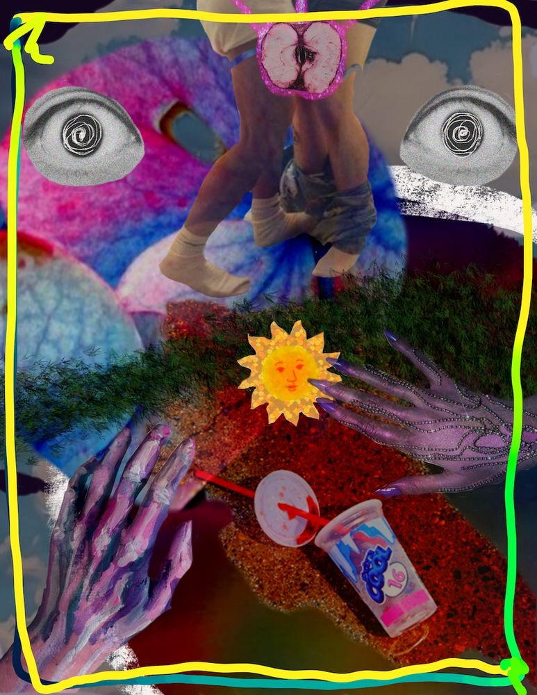 A colorful collage of magazine images to illustrate this chapter of Fairyland, with glitter, flower petals, body parts, etc.