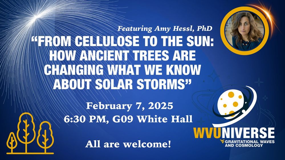 Event poster for a lecture by Amy Hessl, Ph.D., titled "From Cellulose to the Sun: How Ancient Trees Are Changing What We Know About Solar Storms." Scheduled for February 7, 2025, 6:30pm, in White Hall G09. It is hosted by WVUniverse.